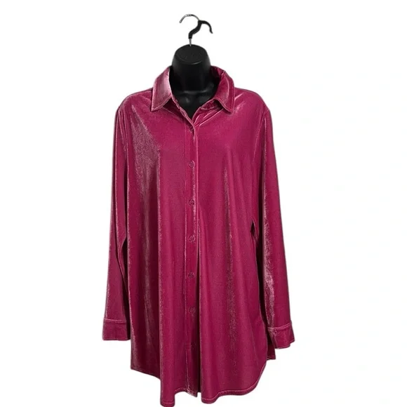 Soft Surroundings Velvet Boyfriend Tunic in Fiery Fuchsia Button Down Sz L - Picture 2 of 10
